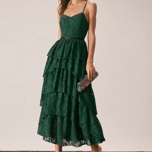 Dark Green Tiered Lace Maxi Wedding Guest Dress